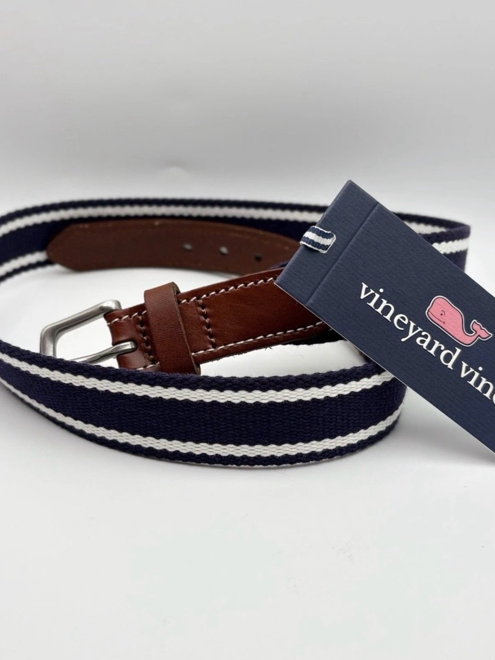 Vineyard Vines Navy & White Striped Men's Web Belt with Brown Leather Accents